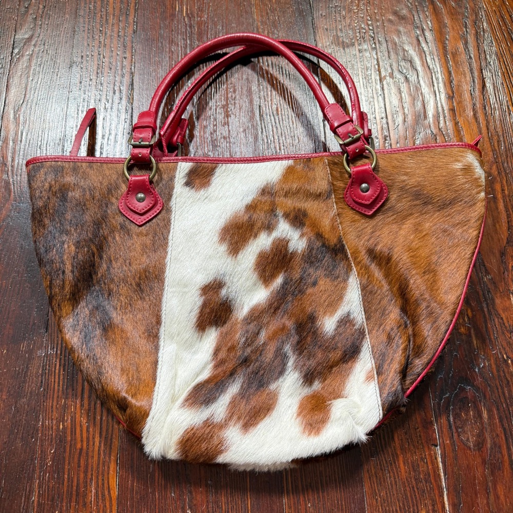 Maurizio Taiuti Cowhide Leather Tote Bag Purse Red Brown Cow Print Italy